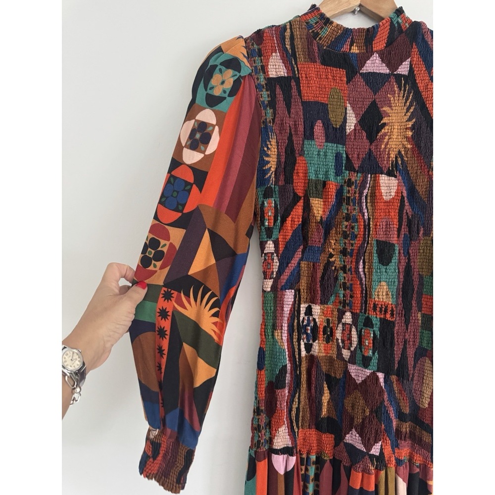 Farm Rio Dress Womens Small Tropical Geo‎ Smocked Midi High Neck Puff Sleeve - Picture 7 of 10